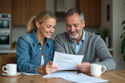 Couple vérifiant un contrat d'assurance maison à la maison