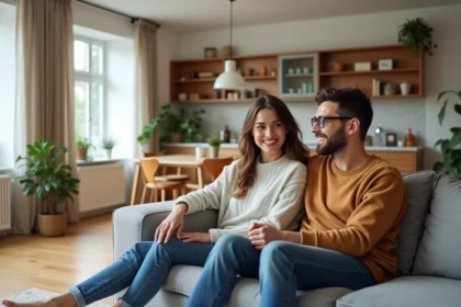 Jeune couple dans un salon lumineux et moderne