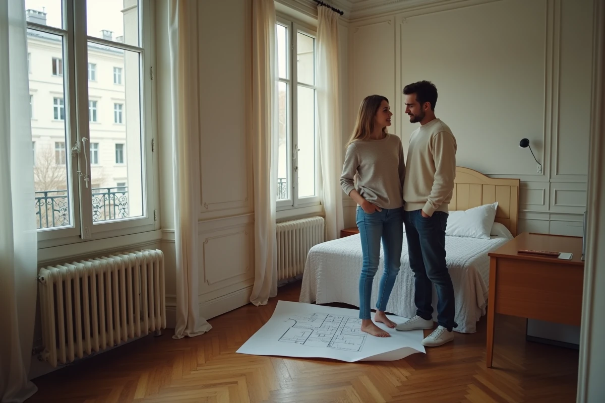 Couple étudiant le plan d'une chambre dans un appartement parisien pour vérifier la conformité à la surface habitable minimum