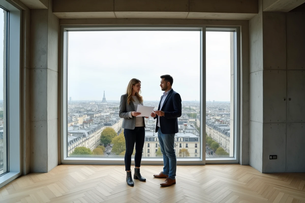 Couple évaluant un appartement de luxe non meublé avec vue panoramique sur les toits de Paris