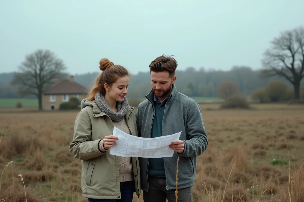 Jeune couple étudiant des documents fonciers au milieu d'un terrain rural en friche lors d'une visite d'évaluation en zone campagnarde