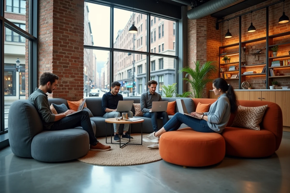 Espace de coworking premium en centre-ville avec professionnels au travail dans un cadre urbain authentique et design