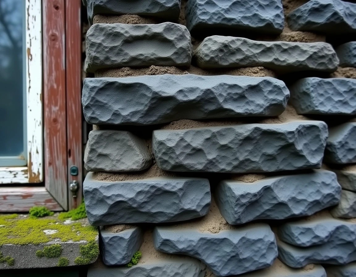 Détail de mur en mâchefer avec texture rugueuse et joints de mortier vieillis