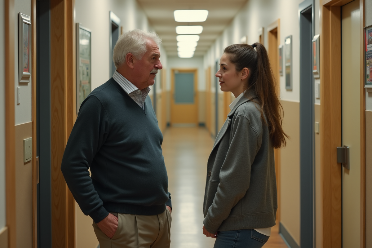 Homme age discutant avec une locataire dans un couloir d appartement