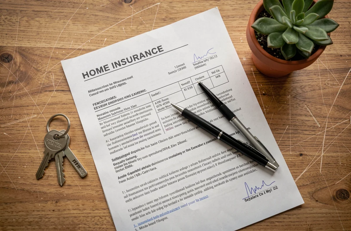Documents d'assurance habitation et clés d'appartement sur un bureau en bois