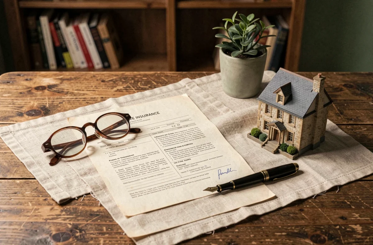 Documents d'assurance multirisque habitation pour usufruitier posés sur un bureau avec lunettes et stylo