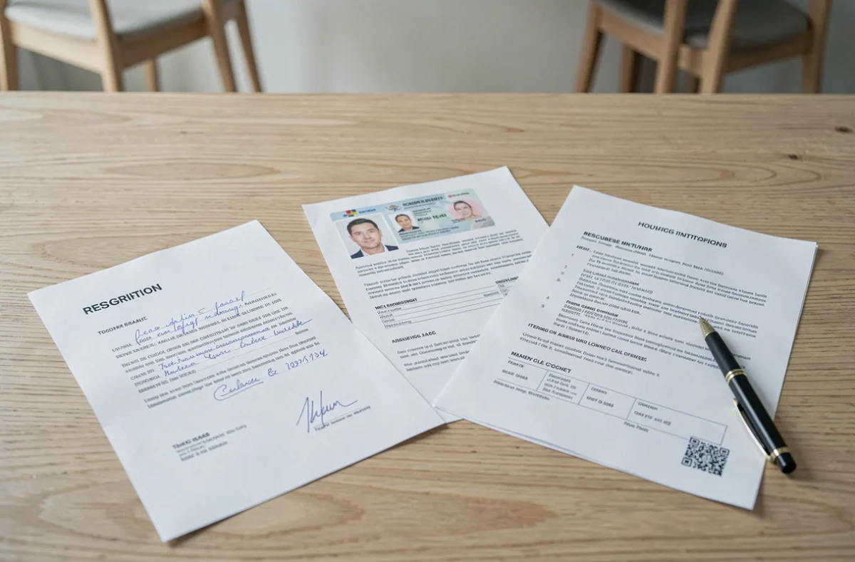 Documents nécessaires pour résilier une assurance habitation disposés sur une table en bois