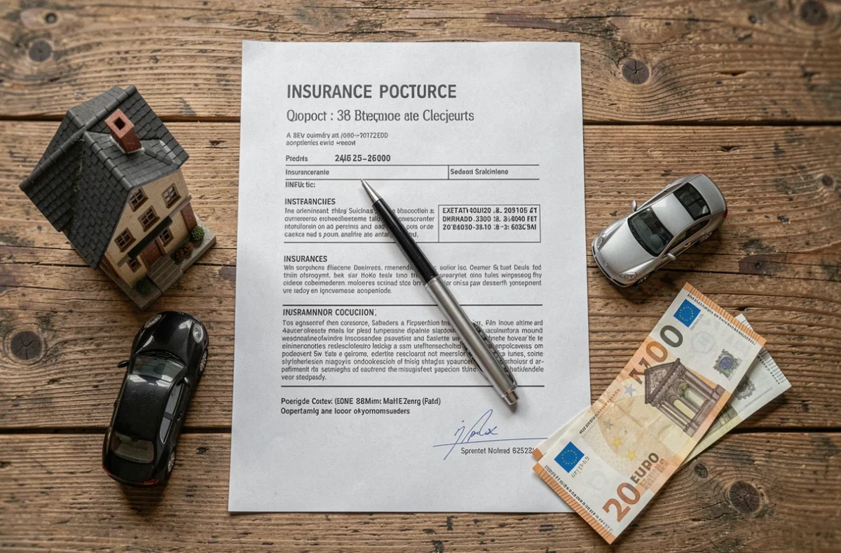 Éléments symbolisant la couverture d'une assurance multirisque privilège : contrat, maison, voiture et argent