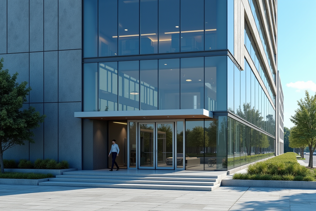 Personne entrant dans un immeuble de bureaux contemporain
