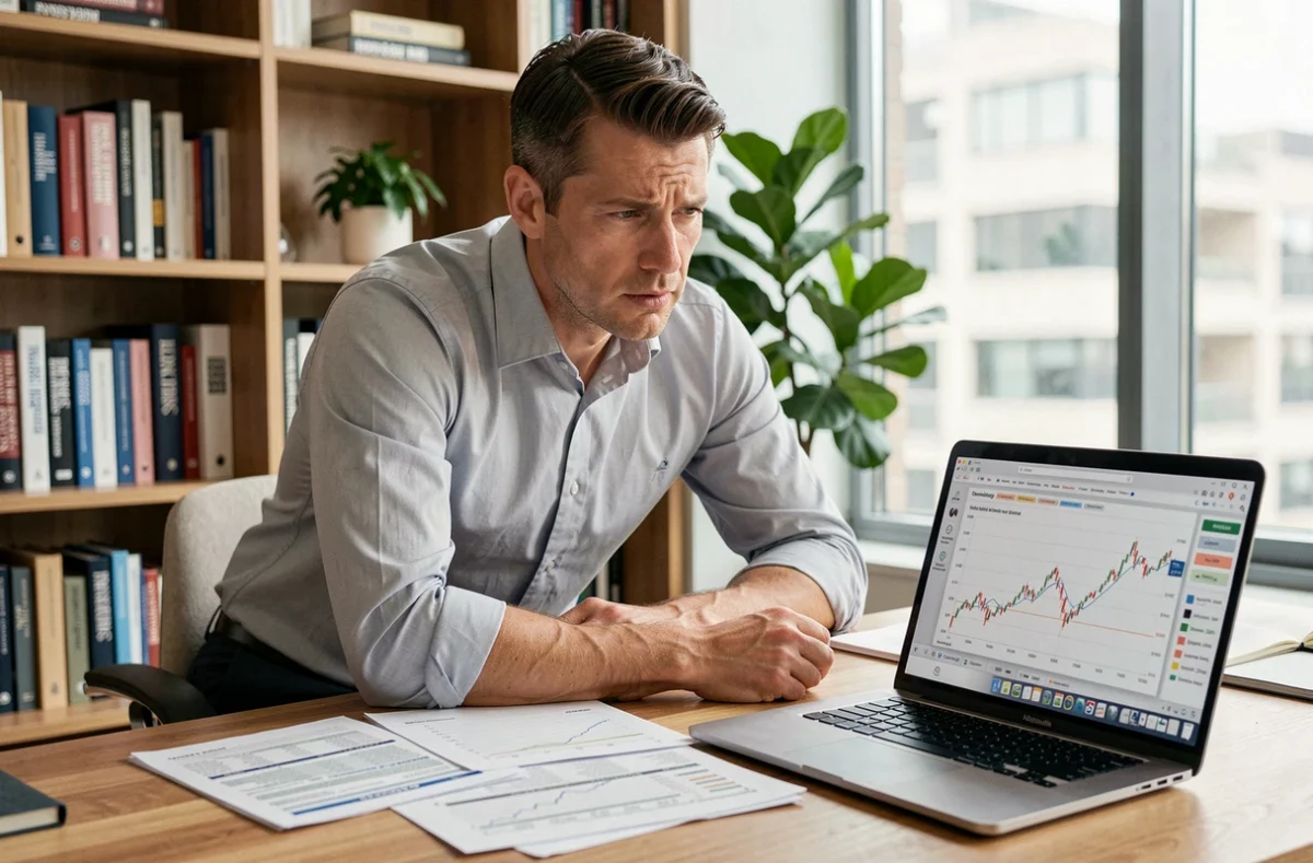 Un entrepreneur analyse des simulations de rentabilité sur un ordinateur portable avec des feuilles de calcul imprimées sur son bureau