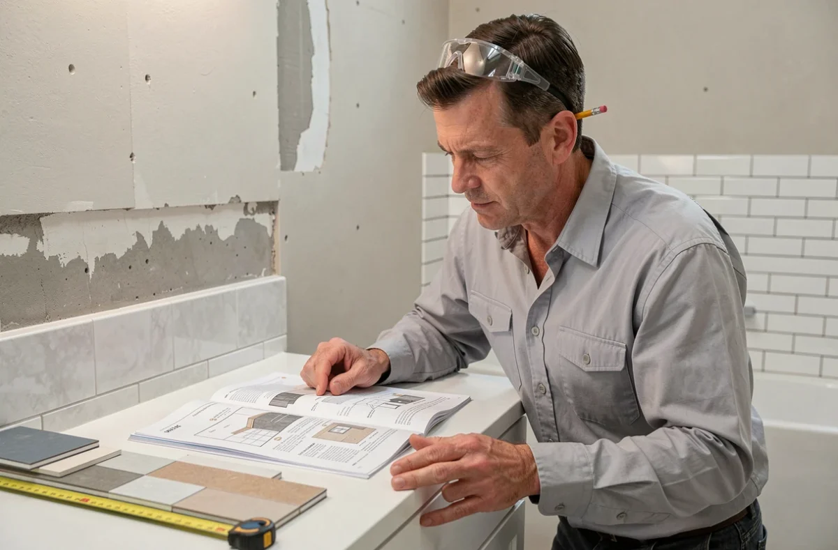 Entrepreneur en rénovation consultant un manuel de rénovation salle de bain posé sur un meuble vasque, entouré de matériaux de construction