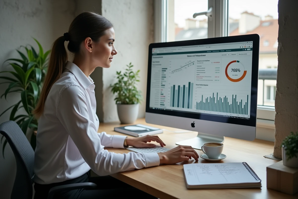 Entrepreneuse du bâtiment calculant la rentabilité de chantiers trouvés en ligne sur un tableau de bord numérique dans un bureau parisien