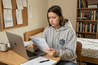 Étudiante inquiète devant son ordinateur portable en résidence CROUS tenant un document officiel