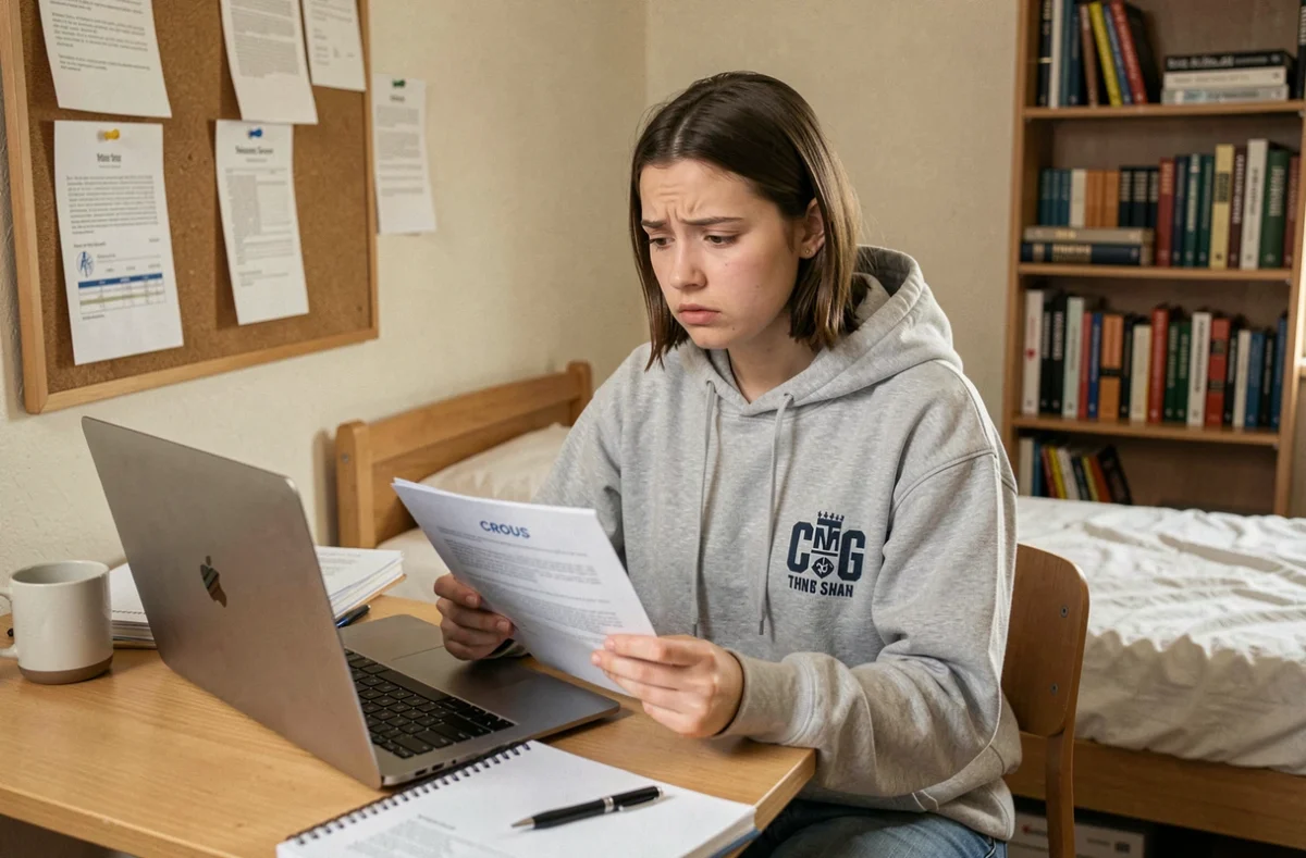 Étudiante inquiète devant son ordinateur portable en résidence CROUS tenant un document officiel