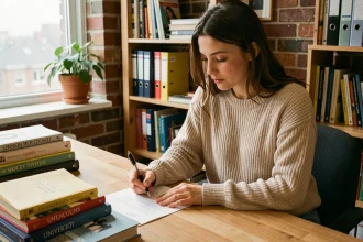 Étudiante rédigeant une lettre de préavis pour son bail étudiant dans son appartement