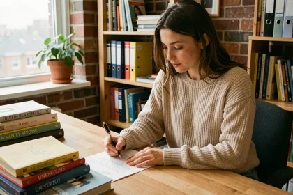 Étudiante rédigeant une lettre de préavis pour son bail étudiant dans son appartement