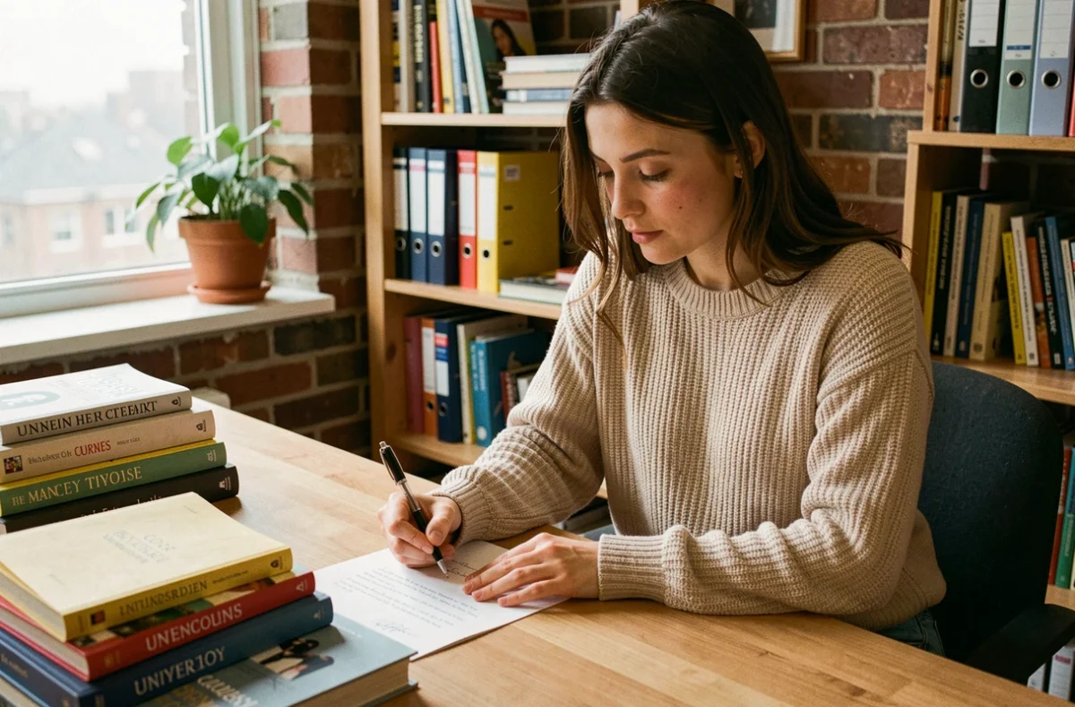 Étudiante rédigeant une lettre de préavis pour son bail étudiant dans son appartement