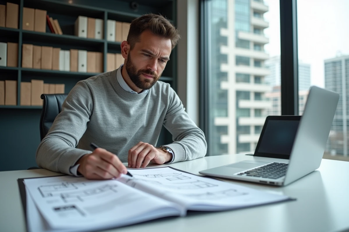 Homme examinant des documents de retour de lot immobilier neuf dans un bureau notarial