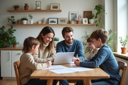 Famille de quatre autour d'une table discutant de contrats de location