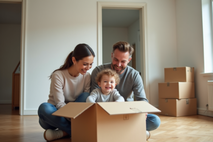 Famille souriante aidant leur enfant à ouvrir une box dans un salon neuf
