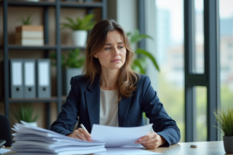 Femme d'affaires dans un bureau moderne en train de revoir des papiers