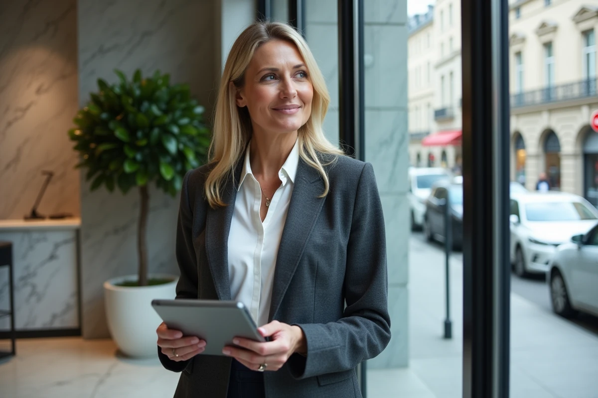 Femme d'affaires professionnelle debout près d'une baie vitrée dans un bureau exécutif moderne en centre-ville