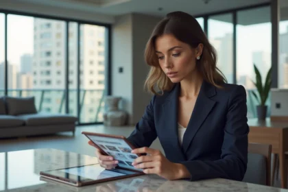 Femme d'affaires élégante analysant des annonces immobilières de luxe