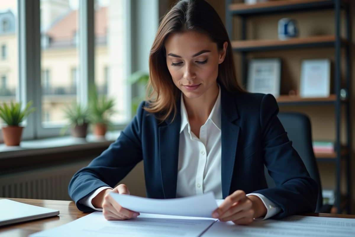 Femme d'affaires en costume bleu examinant documents juridiques à Paris