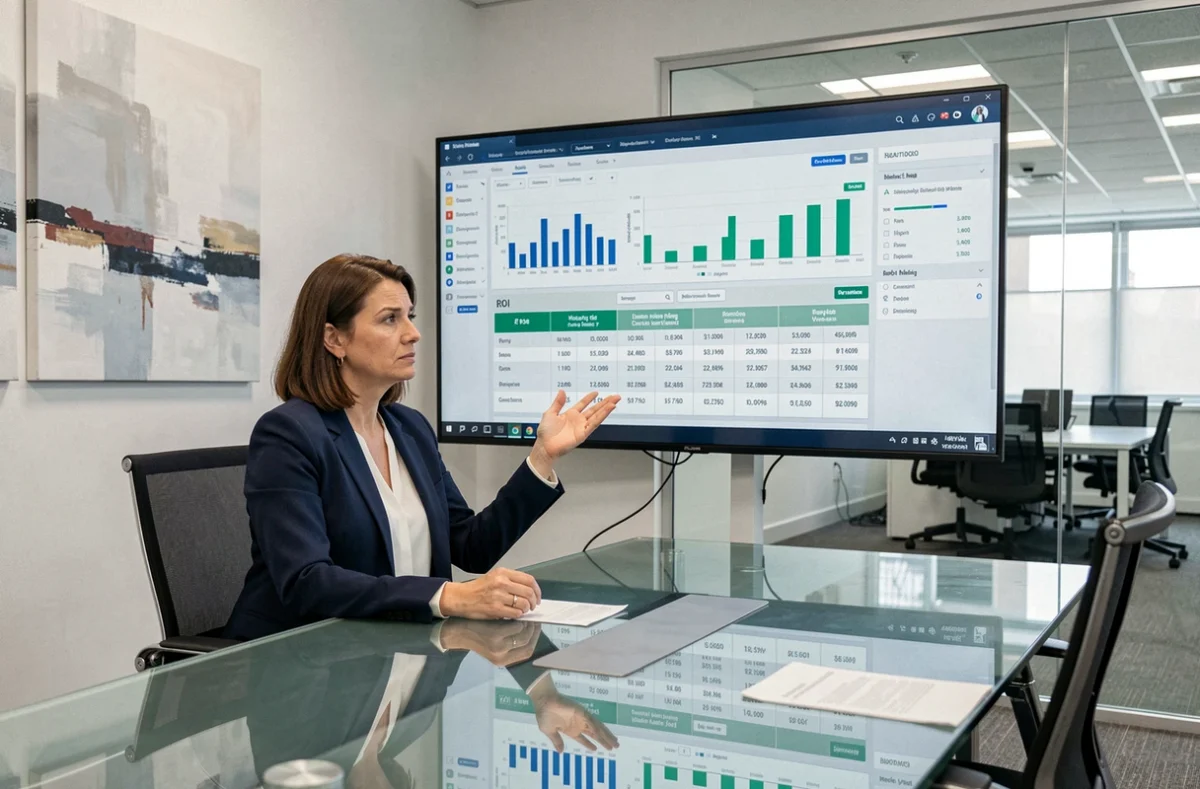 Une femme d'affaires présente des données de simulation financière sur un écran en salle de réunion pour évaluer un deal commercial