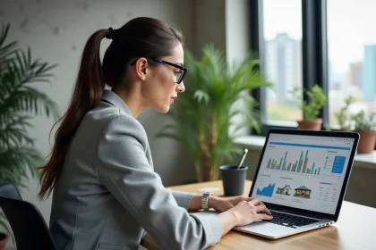 Femme professionnelle analysant une plateforme d'estimation immobilière Jestimo sur un ordinateur portable dans un espace de coworking moderne