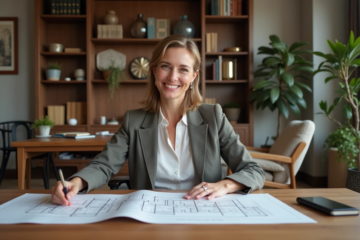 Femme concentrée examinant un plan dans un bureau moderne