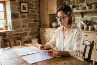 Femme consultant des documents d'assurance habitation à Cambrai dans une maison de style nordique français