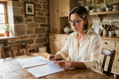 Femme consultant des documents d'assurance habitation à Cambrai dans une maison de style nordique français
