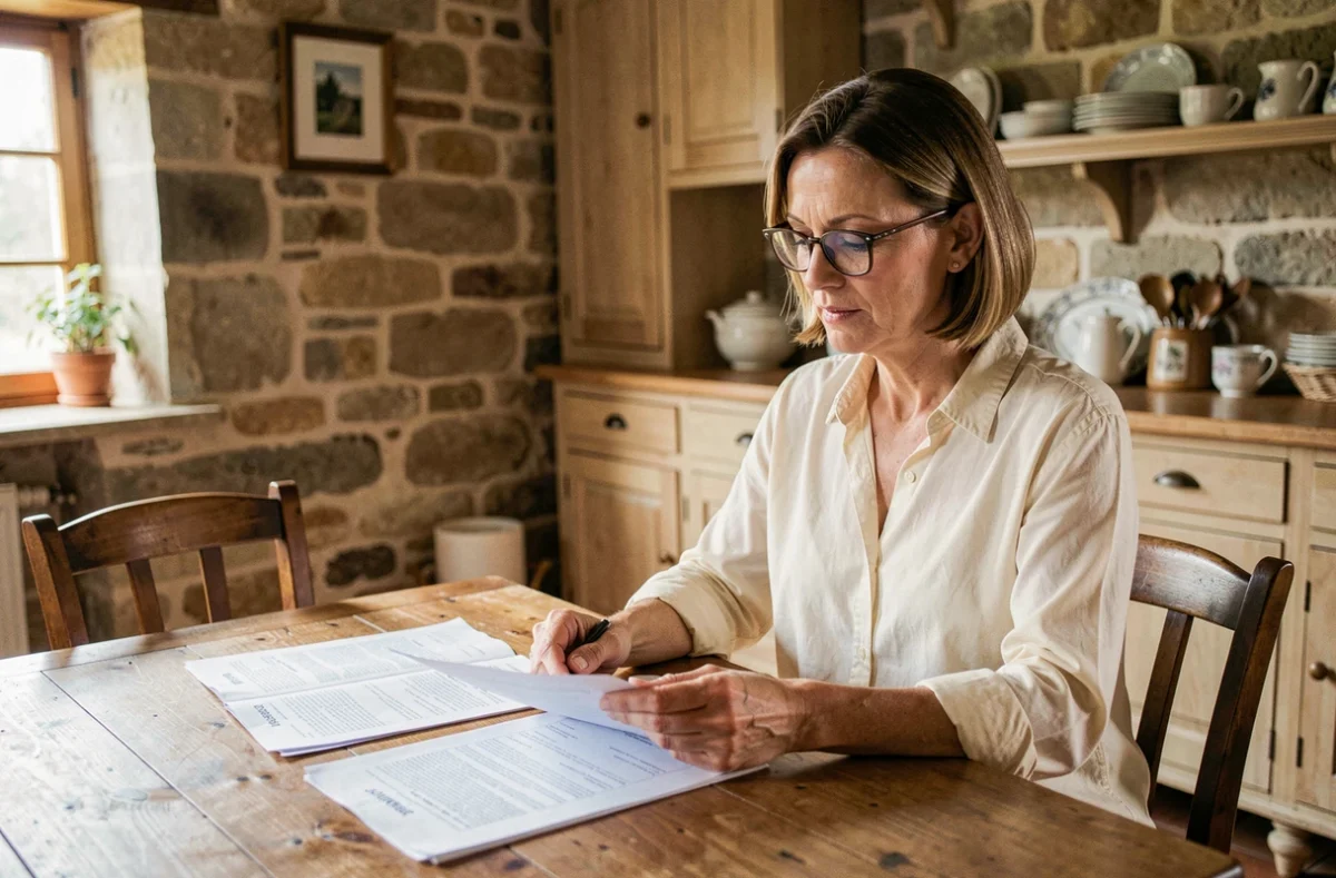 Femme consultant des documents d'assurance habitation à Cambrai dans une maison de style nordique français