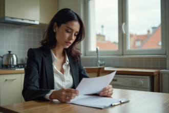 Femme d age moyen dans une cuisine moderne avec papiers