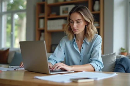 Femme au bureau scandinave avec ordinateur et documents
