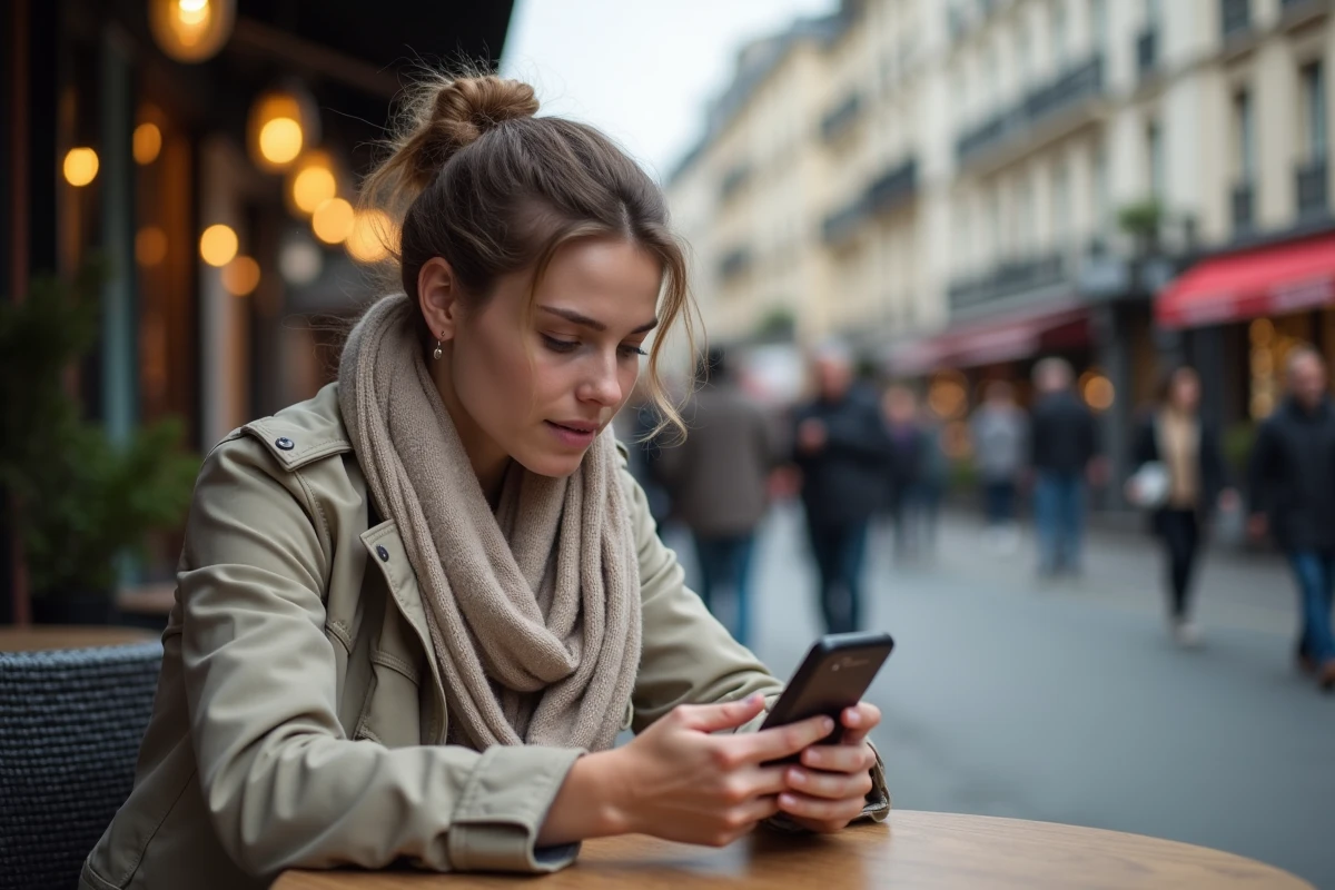 Jeune femme avec smartphone à un café de SaintDenis