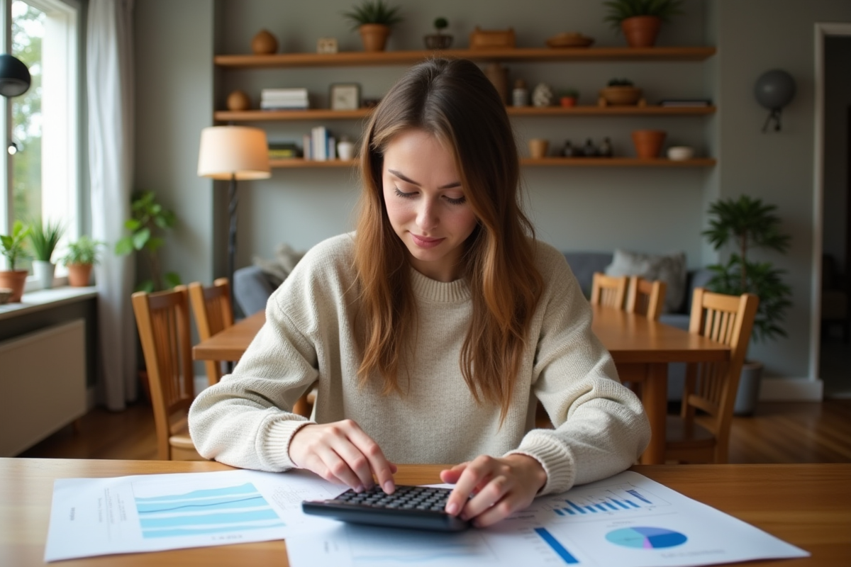 Jeune femme utilisant une calculatrice dans un intérieur chaleureux
