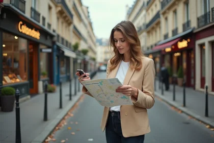 Jeune femme professionnelle consultant une carte de quartier dans une rue parisienne pour évaluer l'emplacement d'un T1 bis