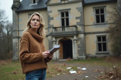 Femme réfléchie devant un château abandonné en pierre