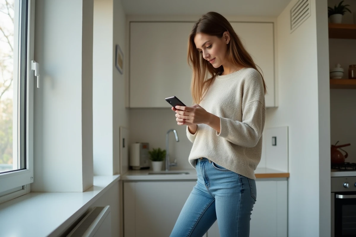Jeune femme examine une annonce d'appartement T1 sur son smartphone