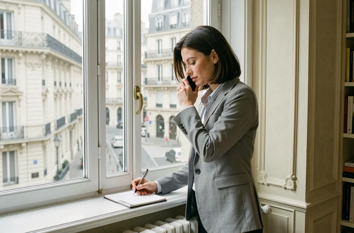 Femme contactant un conseiller en assurance habitation mutualiste depuis son appartement parisien