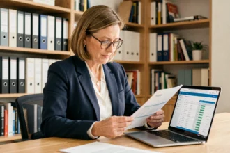 Femme consultant un contrat d'assurance multirisque privilège à son bureau à domicile