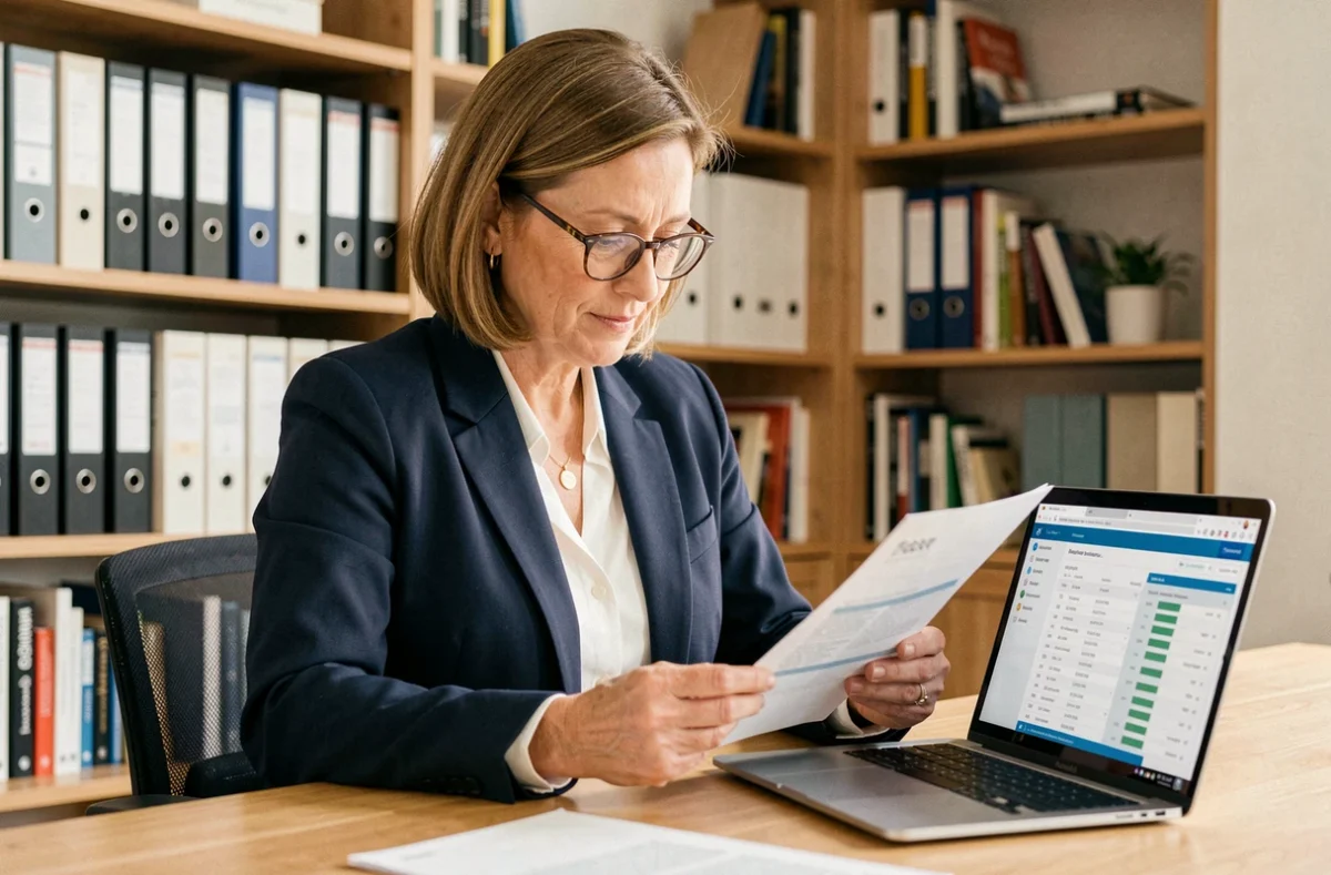 Femme consultant un contrat d'assurance multirisque privilège à son bureau à domicile