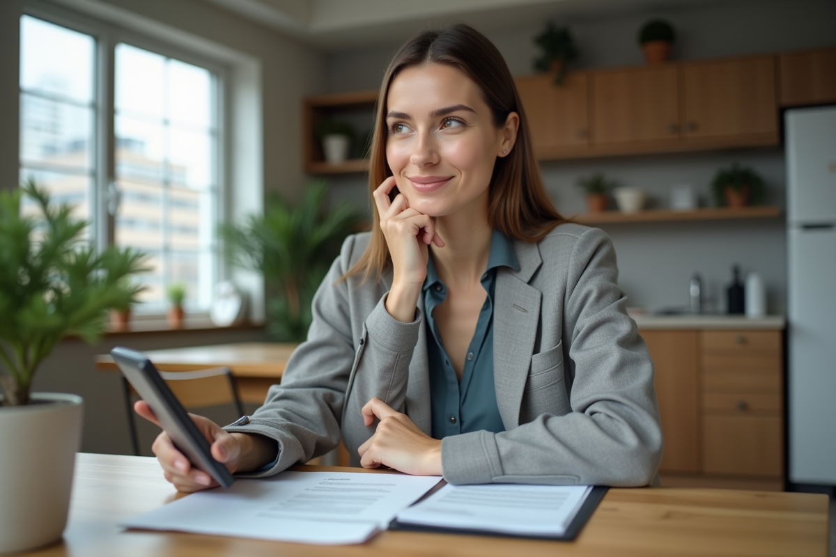 Femme réfléchissant à un contrat de location dans un appartement moderne