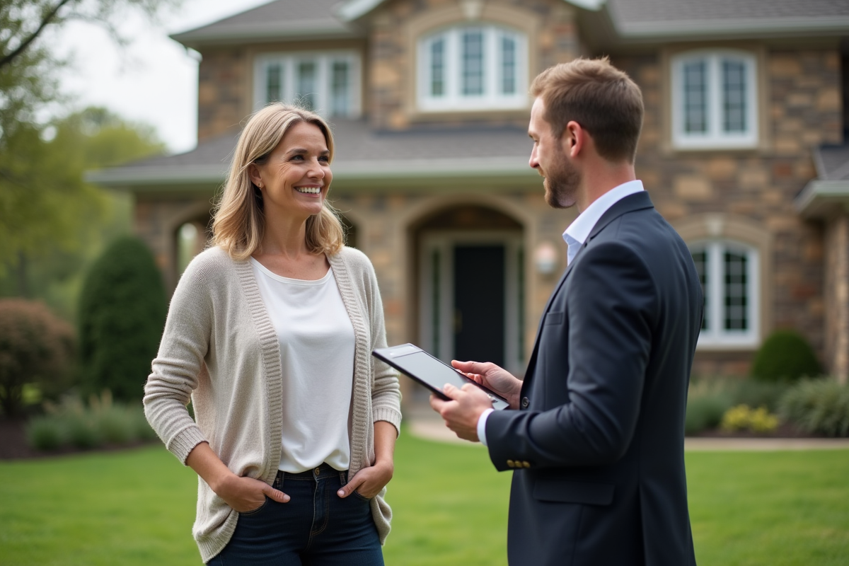 Femme souriante discutant avec agent immobilier devant maison