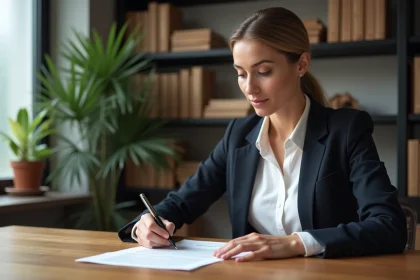 Femme en blazer révisant un document juridique de bail à son bureau avant d'envoyer un congé locatif