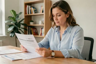Femme consultant des documents pour résilier son assurance habitation à son bureau à domicile