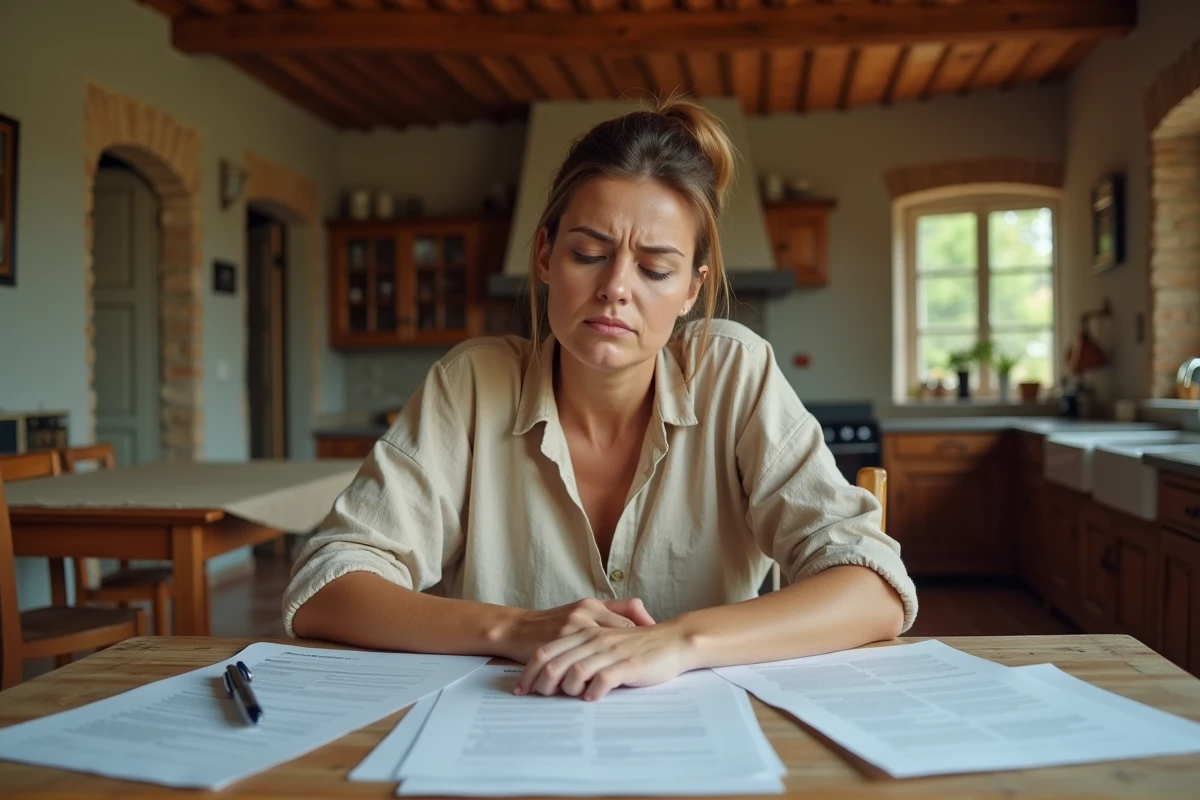 Femme seule examinant des documents immobiliers dans une maison normande en vente lors d'un divorce