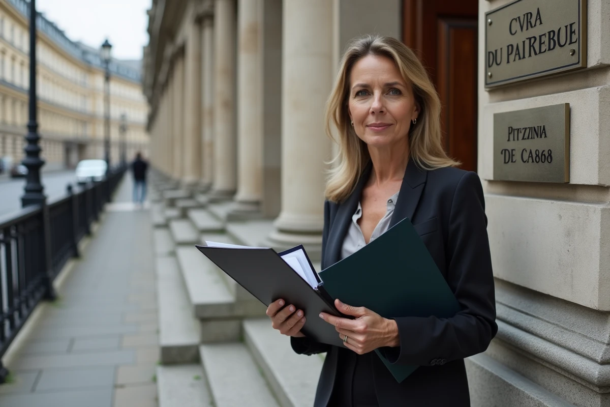 Femme professionnelle devant un bâtiment officiel avec dossier